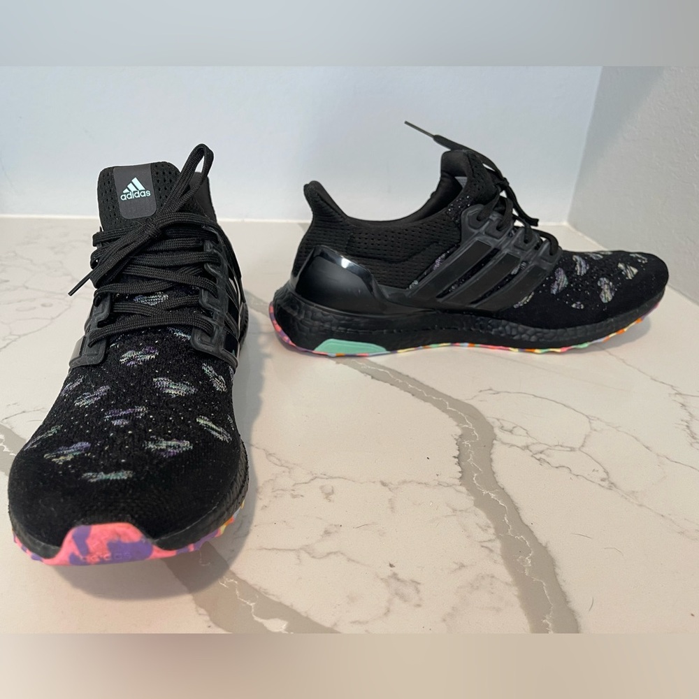 Adidas sneakers, black w multi colored hearts, sz 11, like new